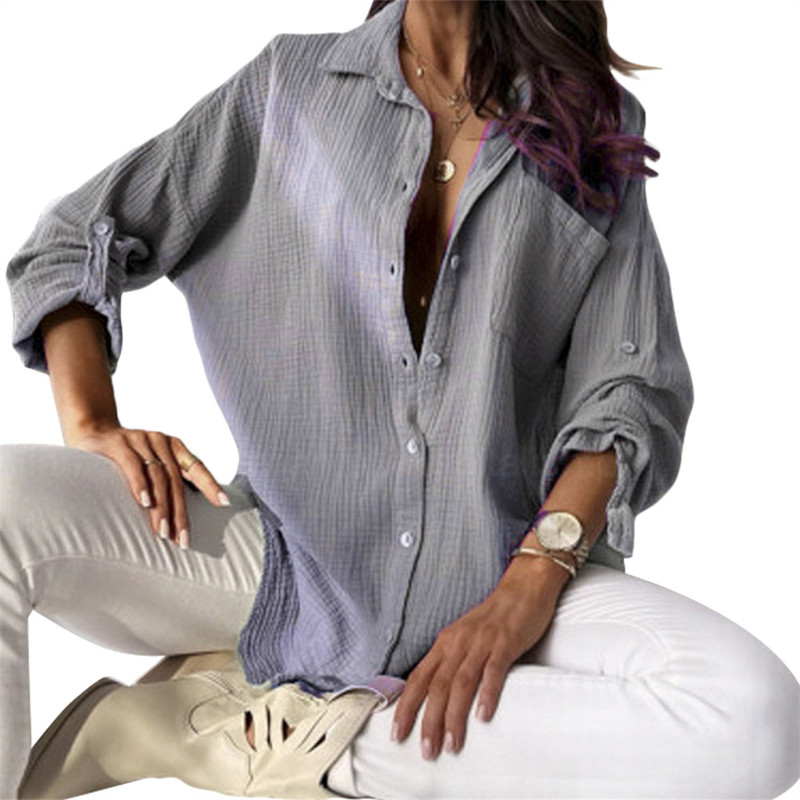 Puloru Ženske ležerne vrećaste košulje Jednobojne bluze s dugim rukavima i ovratnikom na dugmad Topovi Proljeće Jesen Chic široke majice