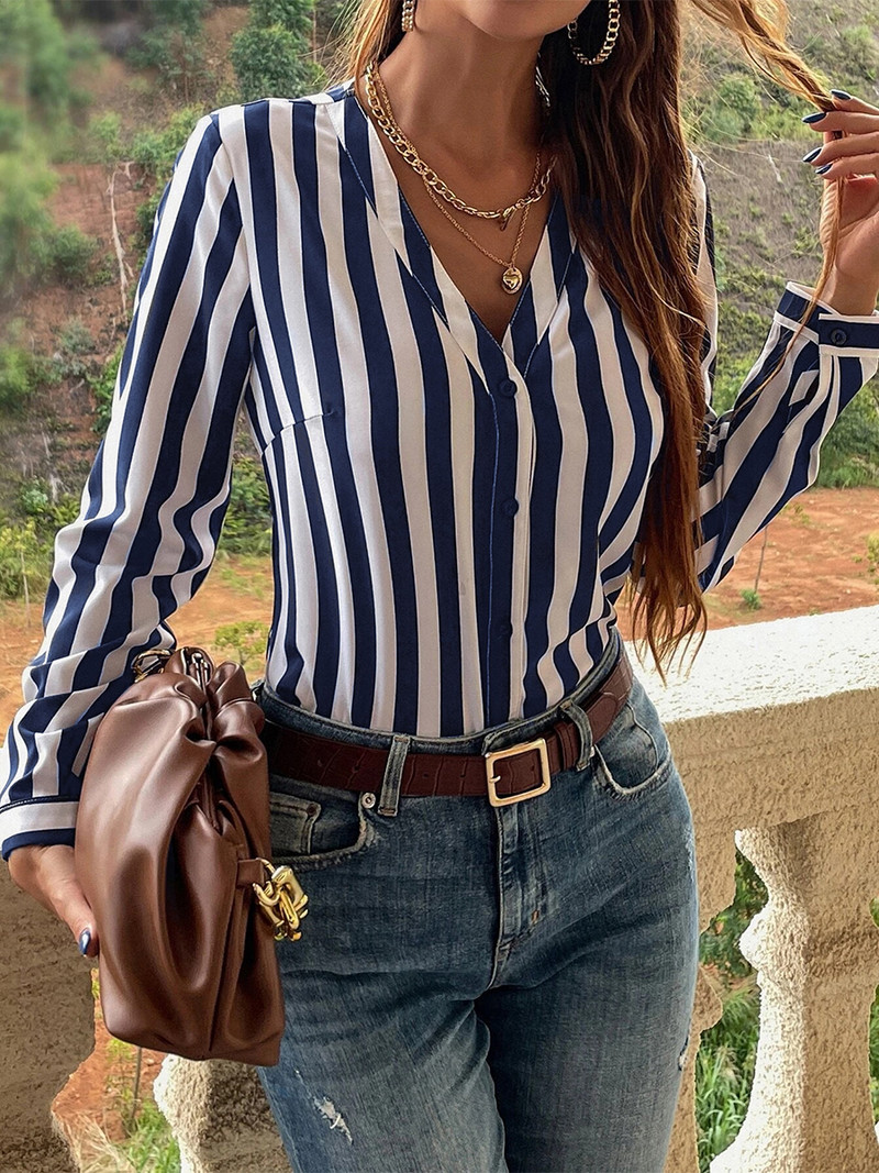 Cămăși cu dungi Puloru pentru femei, ocazional, toamnă, vară, cu mânecă lungă, cu decolteu în V, cămașă cu nasturi, Topuri pentru damă de birou, cu bază slim Fit