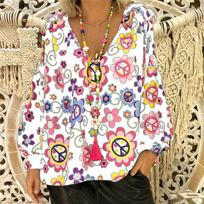 Suvine vabaaja naiste naiste lilleline pluus, pikkade puhvis varrukatega V-kaelusega särgid naiste riided, lilled, pullover Topid, suur suurus M-XXL