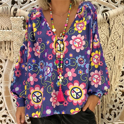 Suvine vabaaja naiste naiste lilleline pluus, pikkade puhvis varrukatega V-kaelusega särgid naiste riided, lilled, pullover Topid, suur suurus M-XXL