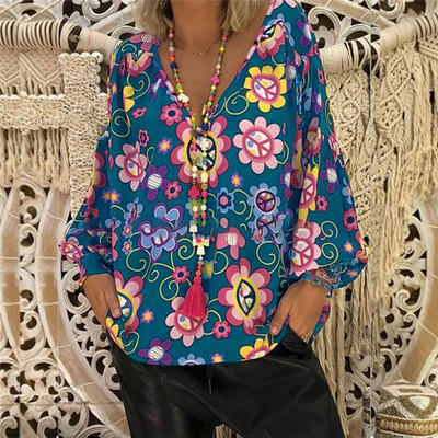 Suvine vabaaja naiste naiste lilleline pluus, pikkade puhvis varrukatega V-kaelusega särgid naiste riided, lilled, pullover Topid, suur suurus M-XXL
