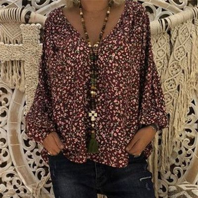 Suvine vabaaja naiste naiste lilleline pluus, pikkade puhvis varrukatega V-kaelusega särgid naiste riided, lilled, pullover Topid, suur suurus M-XXL