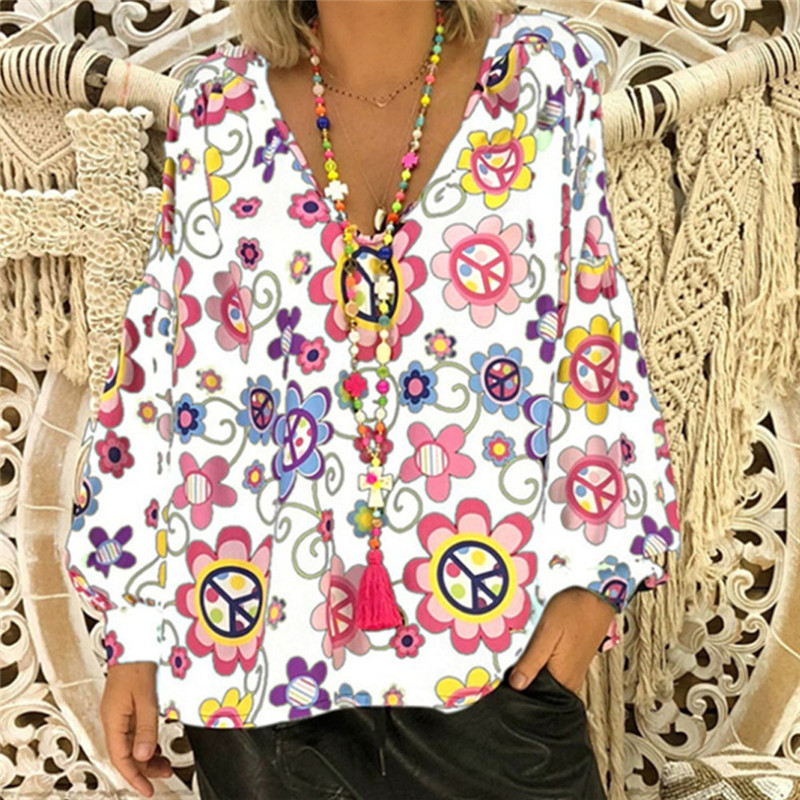Suvine vabaaja naiste naiste lilleline pluus, pikkade puhvis varrukatega V-kaelusega särgid naiste riided, lilled, pullover Topid, suur suurus M-XXL