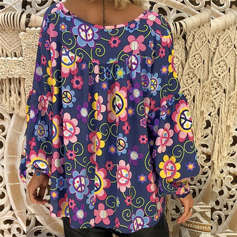 Suvine vabaaja naiste naiste lilleline pluus, pikkade puhvis varrukatega V-kaelusega särgid naiste riided, lilled, pullover Topid, suur suurus M-XXL