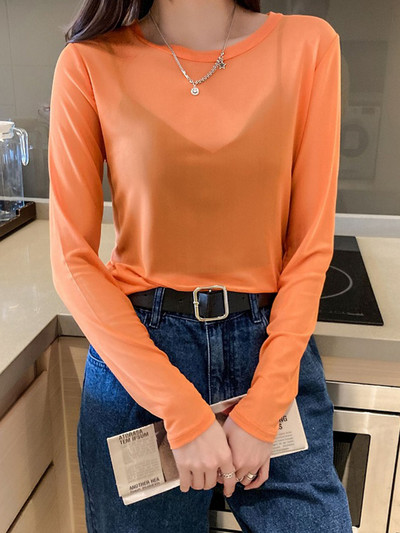 Καλοκαιρινή κορεατική μόδα μπλουζάκια με δίχτυα Γυναικεία Vintage διαφανή μπλουζάκια για γυναίκες Φαρδιά λευκά διαφανή γυναικεία πουκάμισα γραφείου