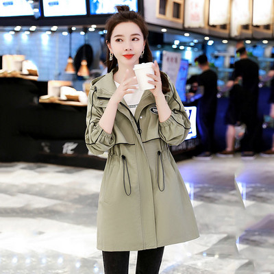 Kevadine uus voodermantel naiste korea vaba õhukese tikitud kirjaga tuulepluus Välisrõivad, vabaaja naiste pika kapuutsiga mantel