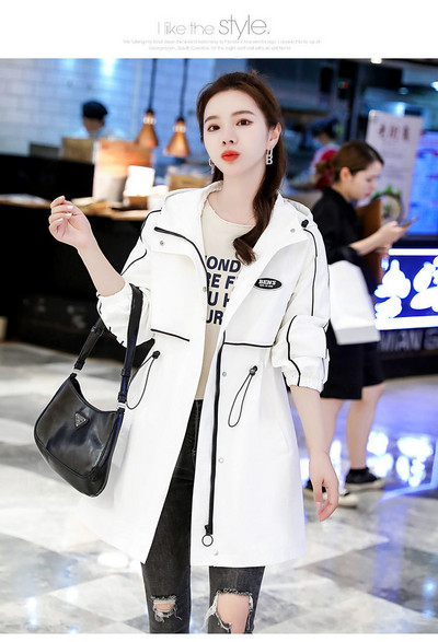 Kevadine uus voodermantel naiste korea vaba õhukese tikitud kirjaga tuulepluus Välisrõivad, vabaaja naiste pika kapuutsiga mantel