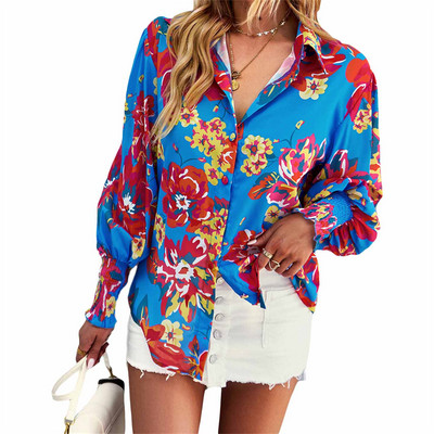 Puloru Γυναικεία πουκάμισα με κουμπιά Φθινοπωρινά κομψά χρώματα αντίθεσης φλοράλ/καρό Χαλαρό μανίκι φανάρι με γυριστό γιακά μπλούζα γραφείου