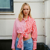 Puloru Chic Ženske majice s velikim mašnama i čvorovima na kopčanje, vintage ležerne kratke majice na pruge/točke s printom dugih rukava Ulične uredske majice