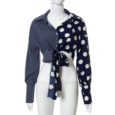 Puloru Chic Ženske majice s velikim mašnama i čvorovima na kopčanje, vintage ležerne kratke majice na pruge/točke s printom dugih rukava Ulične uredske majice