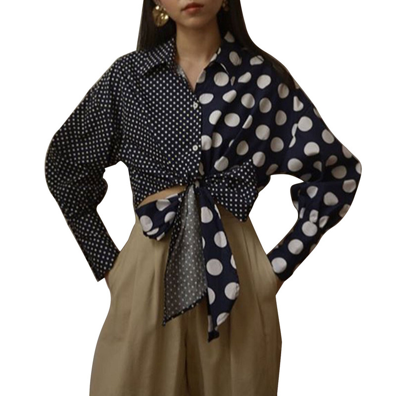 Puloru Chic Ženske majice s velikim mašnama i čvorovima na kopčanje, vintage ležerne kratke majice na pruge/točke s printom dugih rukava Ulične uredske majice