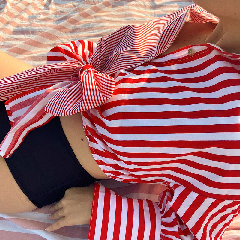 Puloru Chic Ženske majice s velikim mašnama i čvorovima na kopčanje, vintage ležerne kratke majice na pruge/točke s printom dugih rukava Ulične uredske majice