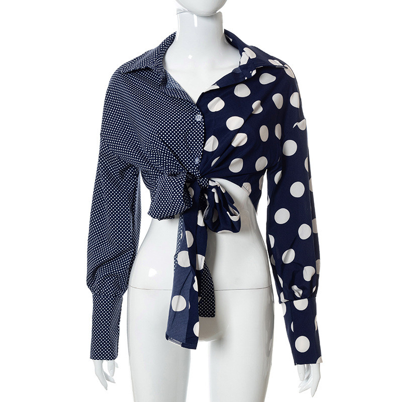 Puloru Chic Ženske majice s velikim mašnama i čvorovima na kopčanje, vintage ležerne kratke majice na pruge/točke s printom dugih rukava Ulične uredske majice