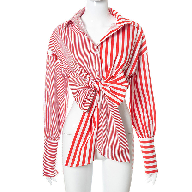 Puloru Chic Ženske majice s velikim mašnama i čvorovima na kopčanje, vintage ležerne kratke majice na pruge/točke s printom dugih rukava Ulične uredske majice