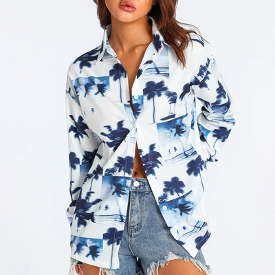 Puloru Ženske bluze s printom zebre/cvijeća/drveta 2023. Proljeće ljeto Ležerne majice za sunčanje na plaži, majice s dugim rukavima i gumbima na revere