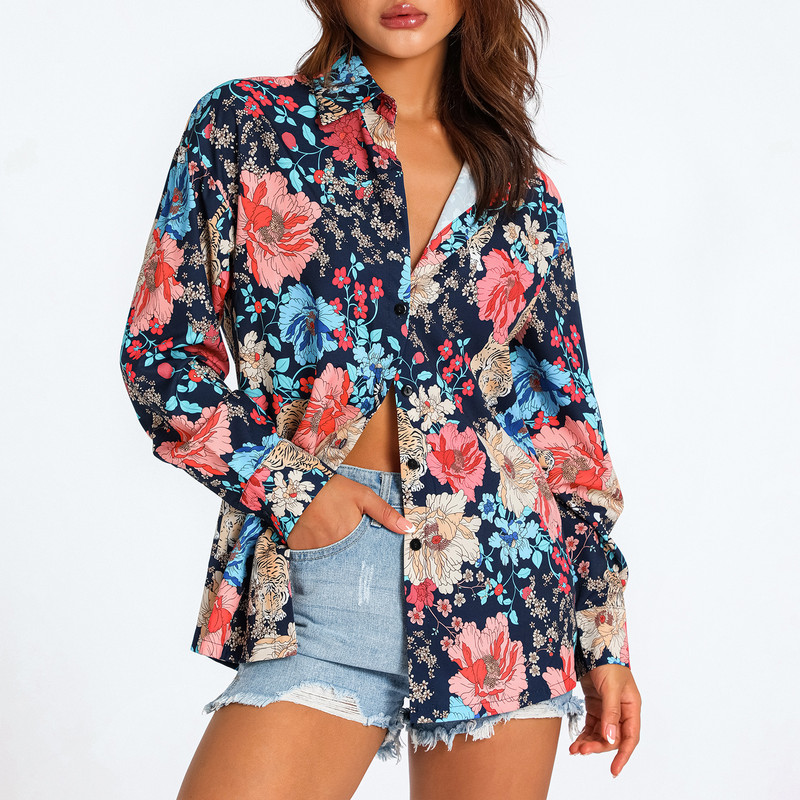 Puloru Ženske bluze s printom zebre/cvijeća/drveta 2023. Proljeće ljeto Ležerne majice za sunčanje na plaži, majice s dugim rukavima i gumbima na revere