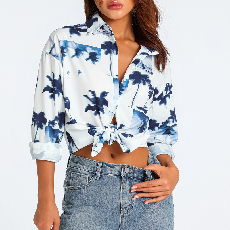 Puloru Ženske bluze s printom zebre/cvijeća/drveta 2023. Proljeće ljeto Ležerne majice za sunčanje na plaži, majice s dugim rukavima i gumbima na revere