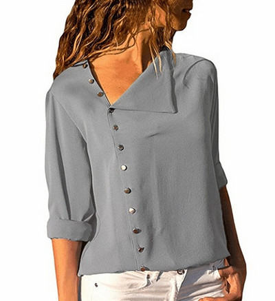 νέο κουμπί μόδας ακανόνιστο λοξό γιακά μακρυμάνικο πουκάμισο μπλούζα γυναικεία S-2XL,μαύρο,πράσινο,γκρι,κίτρινο,ροζ,λευκό,μπλε
