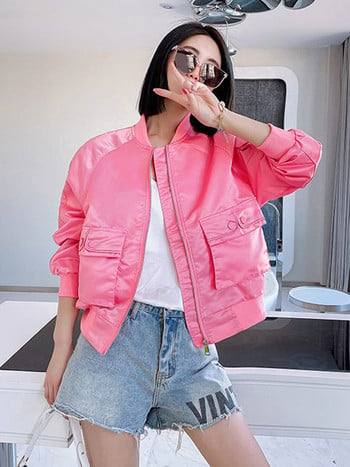 KBAT Satin Bomber Jacket Γυναικεία Big Pocket Bomber παλτό Μακρυμάνικο casual Basic παλτό Φθινοπωρινό κοντά πανωφόρια Γυναικεία streetwear