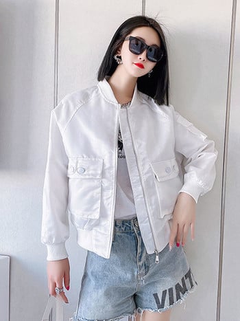 KBAT Satin Bomber Jacket Γυναικεία Big Pocket Bomber παλτό Μακρυμάνικο casual Basic παλτό Φθινοπωρινό κοντά πανωφόρια Γυναικεία streetwear