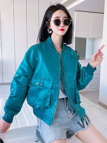 KBAT Satin Bomber Jacket Γυναικεία Big Pocket Bomber παλτό Μακρυμάνικο casual Basic παλτό Φθινοπωρινό κοντά πανωφόρια Γυναικεία streetwear