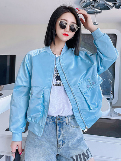 KBAT Satin Bomber Jacket Γυναικεία Big Pocket Bomber παλτό Μακρυμάνικο casual Basic παλτό Φθινοπωρινό κοντά πανωφόρια Γυναικεία streetwear