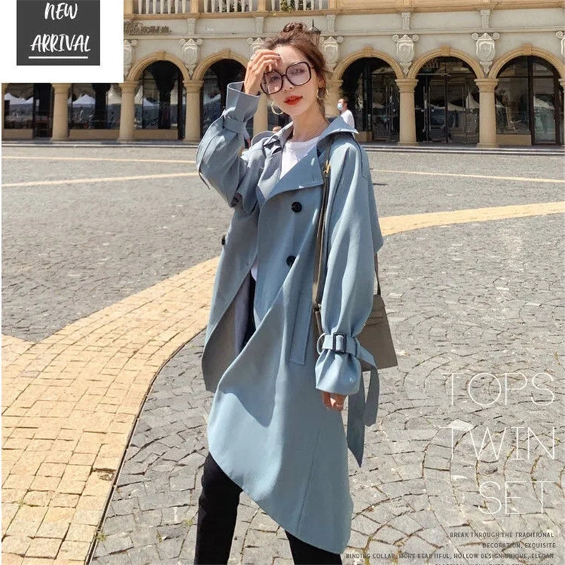 Naiste Trench 2023 Korea lahtine kevad-sügis naiste mantel Ühevärviline vabaaja õhuke naiste pikk tuulejope vööga