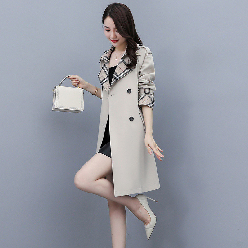 Jesenski ženski kaput srednje dužine temperamentnog engleskog stila sa prošivanim šavovima, ženska uska vjetrovka