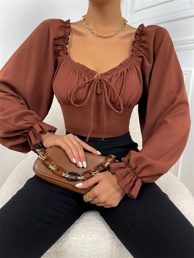 wsevypo Puff košulje s dugim rukavima Proljeće Ljeto Chic s volanima Tril s četvrtastim izrezom Skraćene majice na vezanje Ženske ležerne ulične uske košulje