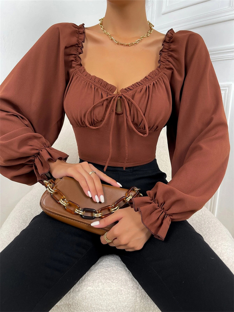 wsevypo Puff košulje s dugim rukavima Proljeće Ljeto Chic s volanima Tril s četvrtastim izrezom Skraćene majice na vezanje Ženske ležerne ulične uske košulje