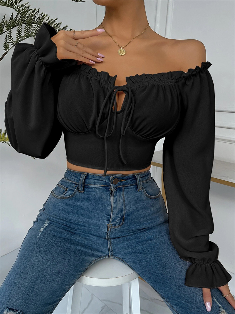 wsevypo Puff košulje s dugim rukavima Proljeće Ljeto Chic s volanima Tril s četvrtastim izrezom Skraćene majice na vezanje Ženske ležerne ulične uske košulje