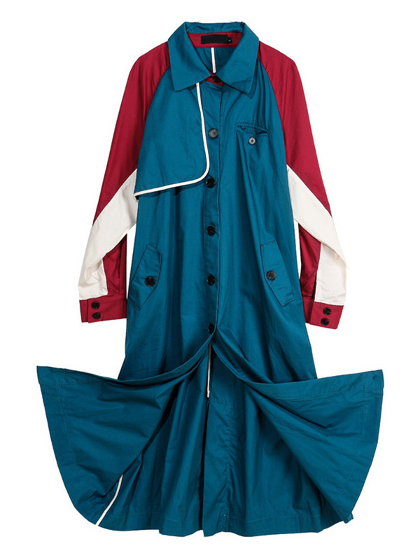 [EAM] Γυναικείο μπλε χρώμα-μπλοκ Μεγάλο μέγεθος Μακριά τάφρο Νέο πέτο μακρύ μανίκι χαλαρή εφαρμογή Windbreaker Fashion Άνοιξη Φθινόπωρο 2023 1DE7767