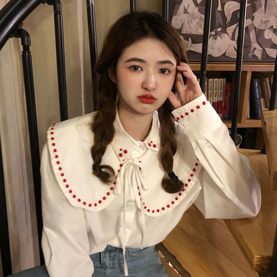Πουκάμισα Γυναικεία Κέντημα Πουά Κορεάτικο Στιλ Κομψό Μοντέρνο Χαριτωμένο Kawaii Ulzzang Leisure Κομψή Γυναικεία Κορυφαία Ανοιξιάτικη Μόδα Φθινοπώρου