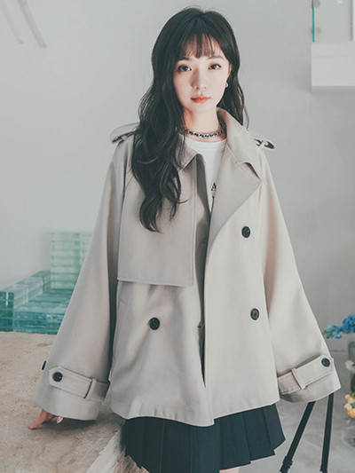 LANMREM Trench scurt pentru femei de culoare solidă, la modă, cu rever, patchwork, cu două piept, îmbrăcăminte nouă de toamnă 2023 2AA2434