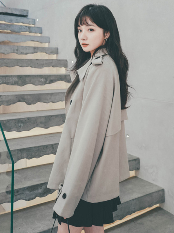 LANMREM Trench scurt pentru femei de culoare solidă, la modă, cu rever, patchwork, cu două piept, îmbrăcăminte nouă de toamnă 2023 2AA2434