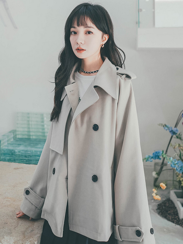 LANMREM Trench scurt pentru femei de culoare solidă, la modă, cu rever, patchwork, cu două piept, îmbrăcăminte nouă de toamnă 2023 2AA2434