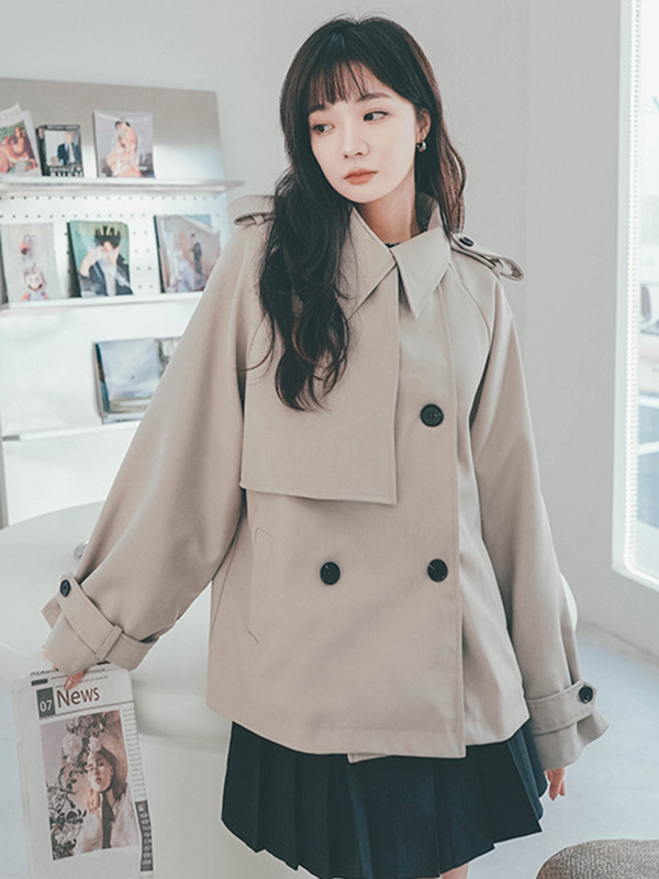 LANMREM Trench scurt pentru femei de culoare solidă, la modă, cu rever, patchwork, cu două piept, îmbrăcăminte nouă de toamnă 2023 2AA2434