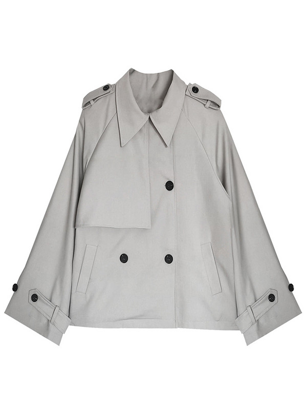 LANMREM Trench scurt pentru femei de culoare solidă, la modă, cu rever, patchwork, cu două piept, îmbrăcăminte nouă de toamnă 2023 2AA2434