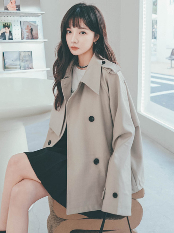 LANMREM Trench scurt pentru femei de culoare solidă, la modă, cu rever, patchwork, cu două piept, îmbrăcăminte nouă de toamnă 2023 2AA2434