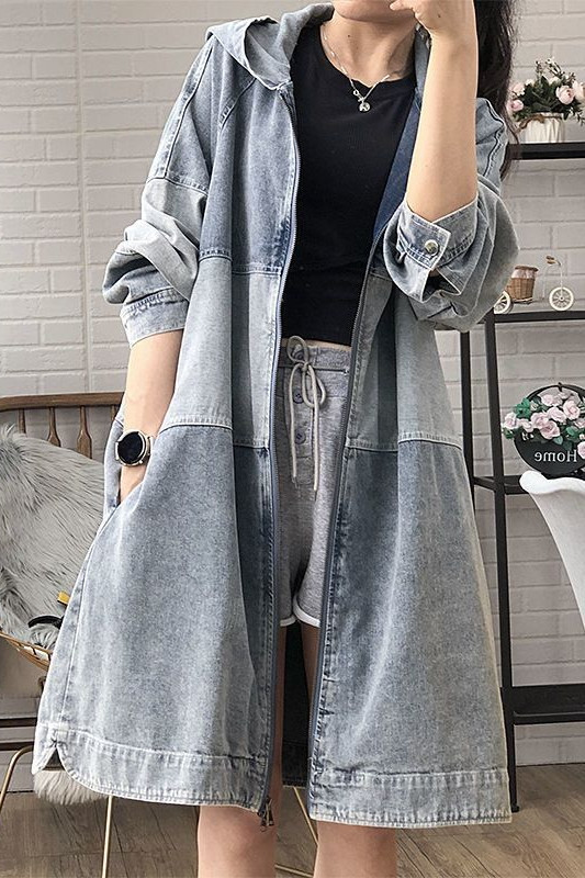 SuperAen 2023 kevadine ja sügisene uus Korea naiste avara kapuutsiga kontrastne teksariidest trenšmantel