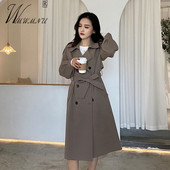 Vintage μακριά γυναικεία καμπαρντίνα Κορεάτικη γυναικεία γυναικεία παλτό με λεπτή ζώνη με διπλό στήθος Ανοιξιάτικο μονόχρωμο ανεμοθραύστη