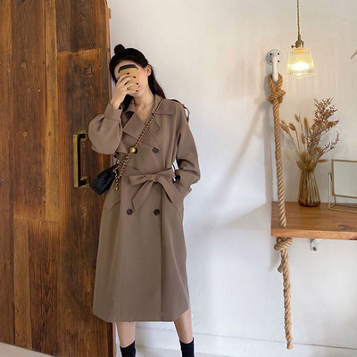 Vintage μακριά γυναικεία καμπαρντίνα Κορεάτικη γυναικεία γυναικεία παλτό με λεπτή ζώνη με διπλό στήθος Ανοιξιάτικο μονόχρωμο ανεμοθραύστη