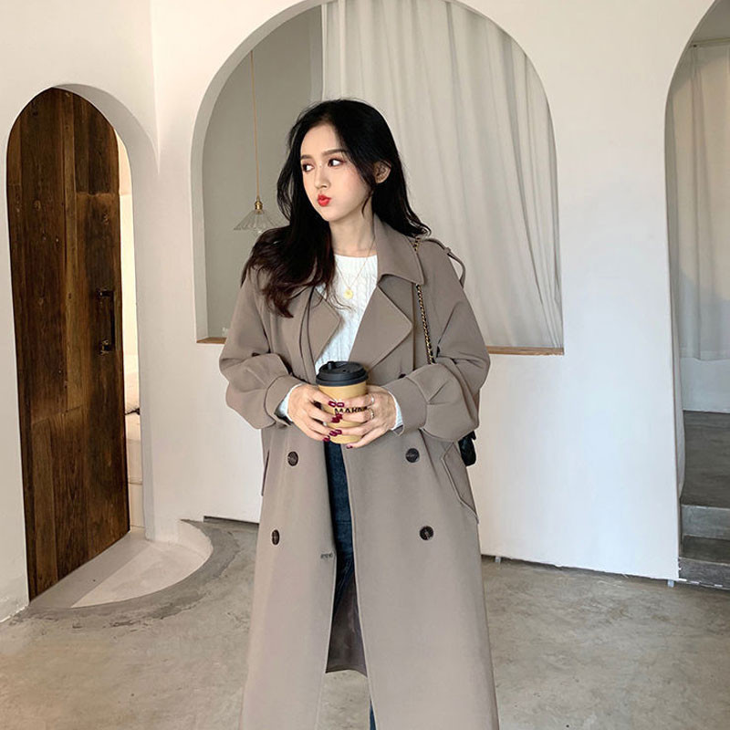 Vintage μακριά γυναικεία καμπαρντίνα Κορεάτικη γυναικεία γυναικεία παλτό με λεπτή ζώνη με διπλό στήθος Ανοιξιάτικο μονόχρωμο ανεμοθραύστη