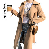 Waytobele Γυναικείο Παλτό Φθινοπωρινό Μόδα Ιδιοσυγκρασία Trench Μεσαίου μήκους πέτο Μασίφ, χαλαρό διπλό κουμπί με κορδόνια επάνω Μπλούζες πανωφόρι