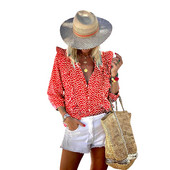 Πουά πουά με μακρυμάνικο πουκάμισο με λαιμόκοψη βολάν, άνοιξη, καλοκαιρινή γυναικεία μπλούζα Casual μόδα Γυναικεία πουκάμισα με κουμπιά