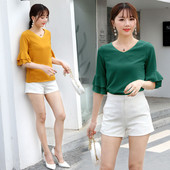 Naiste pluus Uus kevadsuvine mood Väike värske V-kaelusega nukk, lühikeste varrukatega, vabaaja šifoonist top Naiste topid pluus