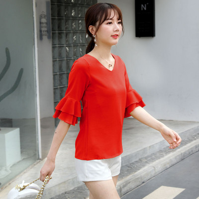 Naiste pluus Uus kevadsuvine mood Väike värske V-kaelusega nukk, lühikeste varrukatega, vabaaja šifoonist top Naiste topid pluus