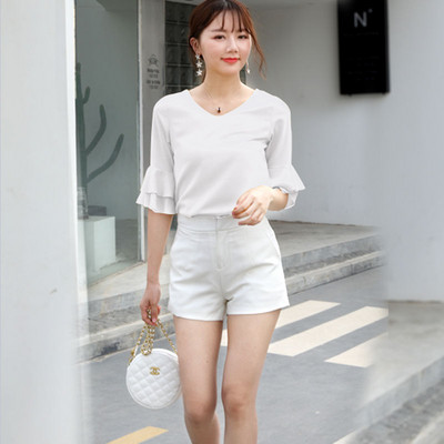 Naiste pluus Uus kevadsuvine mood Väike värske V-kaelusega nukk, lühikeste varrukatega, vabaaja šifoonist top Naiste topid pluus