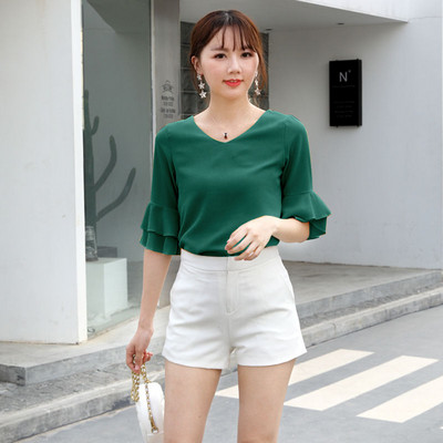 Naiste pluus Uus kevadsuvine mood Väike värske V-kaelusega nukk, lühikeste varrukatega, vabaaja šifoonist top Naiste topid pluus