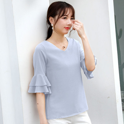 Naiste pluus Uus kevadsuvine mood Väike värske V-kaelusega nukk, lühikeste varrukatega, vabaaja šifoonist top Naiste topid pluus